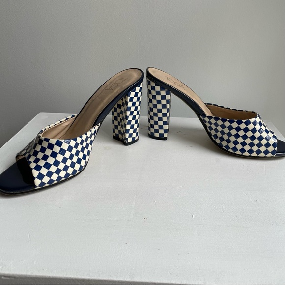 Toga Blue & Cream Checker Print Vinyl Mules Heels - Picture 4 of 9
